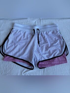 Women’s White Mesh Athletic Shorts with Pink Liner and Black Trim